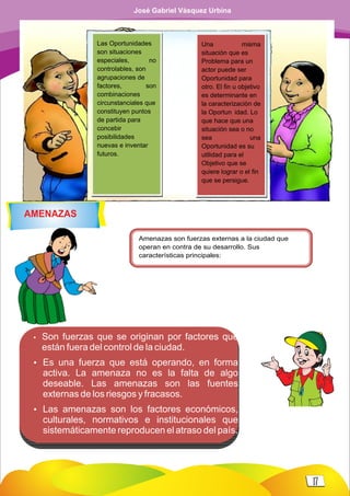Las Oportunidades
son situaciones
especiales, no
controlables, son
agrupaciones de
factores, son
combinaciones
circunstanciales que
constituyen puntos
de partida para
concebir
posibilidades
nuevas e inventar
futuros.
Una misma
situación que es
Problema para un
actor puede ser
Oportunidad para
otro. El fin u objetivo
es determinante en
la caracterización de
la Oportun idad. Lo
que hace que una
situación sea o no
sea una
Oportunidad es su
utilidad para el
Objetivo que se
quiere lograr o el fin
que se persigue.
Amenazas son fuerzas externas a la ciudad que
operan en contra de su desarrollo. Sus
características principales:
Ÿ Son fuerzas que se originan por factores que
están fuera del control de la ciudad.
Ÿ Es una fuerza que está operando, en forma
activa. La amenaza no es la falta de algo
deseable. Las amenazas son las fuentes
externas de los riesgos y fracasos.
Ÿ Las amenazas son los factores económicos,
culturales, normativos e institucionales que
sistemáticamente reproducen el atraso del país.
AMENAZAS
17
José Gabriel Vásquez Urbina
 