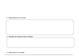 8.- Preparación previa de la actividad




9.- Indicadores de evaluación de la(s) Actividad(es)




9.- planificación de las actividades
 
