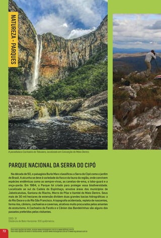 72
Para mais opções de hotéis, acesse www.minasgerais.com.br e www.abihmg.com.br
Para mais opções de bares e restaurantes, acesse www.minasgerais.com.br e www.mg.abrasel.com.br
NATUREZA-PARQUES
PARQUE NACIONAL DA SERRA DO CIPÓ
Na década de 50, o paisagista Burle marx classiﬁcou a Serra do Cipó como o jardim
do Brasil.aalcunha se deve àvariedade da ﬂora e da fauna da região, onde convivem
espécies endêmicas como as sempre-vivas, as canelas-de-ema, o lobo-guará e a
onça-parda. em 1984, o Parque foi criado para proteger essa biodiversidade.
Localizado ao sul da Cadeia do espinhaço, envolve áreas dos municípios de
Jaboticatubas, Santana do riacho, morro do Pilar e itambé do mato Dentro. Seus
mais de 30 mil hectares de extensão dividem duas grandes bacias hidrográﬁcas: a
do rio Doce e a do rio São Francisco. a topograﬁa acidentada, repleta de nascentes,
forma rios, cânions, cachoeiras e cavernas, atrativos muito procurados pelos amantes
do ecoturismo. a Cachoeira da Farofa e o Cânion das Bandeirinhas são alguns dos
passeios preferidos pelos visitantes.
DDD: 31
Distância de Belo Horizonte: 100 quilômetros.
A paradisíaca Cachoeira do Tabuleiro, localizada em Conceição do Mato Dentro.
 