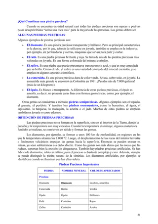 ¿Qué Constituye una piedra preciosa?
       Cuando se encuentra en estad natural casi todas las piedras preciosas son opacas y podrían
pasar desapercibidas “como una roca más” para la mayoría de las personas. Las gemas deben ser
ALGUNAS PIEDRAS PRECIOSAS
Algunos ejemplos de piedras preciosas son:
   •   El diamante. Es una piedra preciosa transparente y brillante. Pero su principal característica
       es la dureza, por lo que, además de utilizarse en joyería, también se emplea en la industria;
       por ejemplo, en perforadoras y sierras, máquinas que sirven para pulir y cortar.
   •   El rubí. Es una piedra preciosa brillante y roja. Se trata de una de las piedras preciosas más
       valoradas en joyería. Es una forma coloreada del mineral corindón.
   •   El zafiro. Es una piedra que puede presentarse transparente o azul, y que es muy apreciada
       por su brillo. Como el rubí, el zafiro es una variedad coloreada del mineral corindón, y se
       emplea en algunos aparatos científicos.
   •   La esmeralda. Es una piedra preciosa dura de color verde. Se usa, sobre todo, en joyería. La
       esmeralda más grande se encontró en Colombia en 1961. ¡Pesaba más de 7.000 quilates!
       (más de un kilogramo).
   •   El ópalo. Es blanco o transparente. A diferencia de otras piedras preciosas, el ópalo es
       amorfo, es decir, no presenta caras lisas con formas geométricas, como, por ejemplo, el
       diamante.
    Otras gemas se consideran a menudo piedras semipreciosas. Algunos ejemplos son el topacio,
el granate, el peridoto. Y también hay piedras ornamentales, como la hematites, el ágata, el
lapislázuli, la turquesa, la malaquita, la azurita o el jade. Muchas de estas piedras se emplean
también en joyería o como adornos.
OBTENCIÓN DE PIEDRAS PRECIOSAS
       Las piedras preciosas no se forman en la superficie, sino en el interior de la Tierra, donde la
presión y la temperatura son muy elevadas. Cuando la temperatura disminuye, algunos materiales
fundidos cristalizan, se convierten en sólido y forman las gemas.
        Los diamantes, por ejemplo, se forman a unos 100 km de profundidad, en regiones en las
que la temperatura alcanza los 1.000 ºC. Luego, el desplazamiento de las rocas del interior terrestre
o fenómenos volcánicos empujan las gemas hacia la superficie. Entonces se pueden extraer en
minas, ya sean subterráneas o a cielo abierto. Como las gemas son más duras que las rocas que las
rodean, soportan bien la erosión sin desgastarse. También hay piedras preciosas artificiales. Se han
fabricado diamantes, rubíes o zafiros; pero el proceso es bastante complejo y caro. Además, siempre
se puede distinguir la piedra natural de la sintética. Los diamantes artificiales, por ejemplo, se
identifican cuando se iluminan con luz ultravioleta.
                                  Piedras Preciosas Importantes

                      PIEDRA         NOMBRE MINERAL          COLORES APRECIADOS

                  Preciosa

                  Diamante          Diamante                Incoloro, amarillos

                  Esmeralda         Berilo                  Verdes

                  Ópalo             Ópalo                   Brillantes

                  Rubí              Corindón                Rojos

                  Zafiro            Corindón                Azules


                                                                                                    21
 
