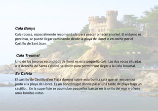 Cala Banys
Cala rocosa, especialmente recomendada para pescar o hacer snorkel. El entorno es
precioso, se puede llegar caminando desde la playa de Lloret o en coche por el
Castillo de Sant Joan.
Cala Treumal
Uno de los tesoros escondidos de lloret es esta pequeña cala. Las dos rocas situadas
a la derecha de Santa Cristina se abren para permitirnos llegar a la Cala Treumal.
Sa Caleta
El castillo de Castillo d'en Plaja domina sobre esta bonita cala que se encuentra
junto a la playa de Lloret. Es un bonito lugar donde pasar una tarde de playa bajo un
castillo. . En la superficie se acumulan pequeños barcos en la orilla del mar y ofrece
unas bonitas vistas.
 