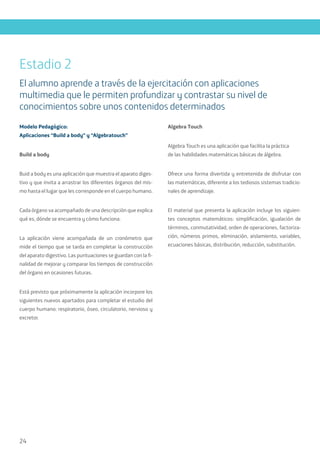 24
Modelo Pedagógico:
Aplicaciones “Build a body” y “Algebratouch”
Build a body
Buid a body es una aplicación que muestra el aparato diges-
tivo y que invita a arrastrar los diferentes órganos del mis-
mo hasta el lugar que les corresponde en el cuerpo humano.
Cada órgano va acompañado de una descripción que explica
qué es, dónde se encuentra y cómo funciona.
La aplicación viene acompañada de un cronómetro que
mide el tiempo que se tarda en completar la construcción
del aparato digestivo. Las puntuaciones se guardan con la fi-
nalidad de mejorar y comparar los tiempos de construcción
del órgano en ocasiones futuras.
Está previsto que próximamente la aplicación incorpore los
siguientes nuevos apartados para completar el estudio del
cuerpo humano: respiratorio, óseo, circulatorio, nervioso y
excretor.
Algebra Touch
Algebra Touch es una aplicación que facilita la práctica
de las habilidades matemáticas básicas de álgebra.
Ofrece una forma divertida y entretenida de disfrutar con
las matemáticas, diferente a los tediosos sistemas tradicio-
nales de aprendizaje.
El material que presenta la aplicación incluye los siguien-
tes conceptos matemáticos: simplificación, igualación de
términos, conmutatividad, orden de operaciones, factoriza-
ción, números primos, eliminación, aislamiento, variables,
ecuaciones básicas, distribución, reducción, substitución.
Estadio 2
El alumno aprende a través de la ejercitación con aplicaciones
multimedia que le permiten profundizar y contrastar su nivel de
conocimientos sobre unos contenidos determinados
 