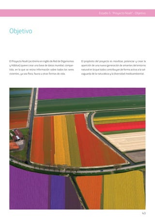 43
Objetivo
El Proyecto Noah (acrónimo en inglés de Red de Organismos
y Hábitat) quiere crear una base de datos mundial, compar-
tida, en la que se reúna información sobre todos los seres
vivientes, ya sea flora, fauna u otras formas de vida.
El propósito del proyecto es movilizar, potenciar y crear la
aparición de una nueva generación de amantes del entorno
natural en la que todos contribuyan de forma activa a la sal-
vaguarda de la naturaleza y la diversidad medioambiental.
Estadio 5 “Proyecto Noah” - Objetivo
 
