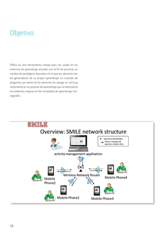 58
SMILE es una herramienta creada para ser usada en los
entornos de aprendizaje actuales con el fin de provocar un
cambio de paradigma educativo en el que los alumnos son
los generadores de su propio aprendizaje. La creación de
preguntas por parte de los alumnos les otorga un rol muy
importante en su proceso de aprendizaje que se demuestra
en evidentes mejoras en los resultados de aprendizaje con-
seguidos.
Objetivo
 