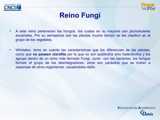 Reino Fungi

•   A este reino pertenecen los hongos, los cuales en su mayoría son pluricelulares
    eucariotes. Por su semejanza con las plantas mucho tiempo se les clasificó en el
    grupo de los vegetales.

•   Whittaker, tomo en cuenta las características que los diferencian de las plantas,
    como que no poseen clorofila por lo que no son autótrofos sino heterótrofos y los
    agrupó dentro de un reino más llamado Fungi. Junto con las bacterias, los hongos
    forman el grupo de los desintegradores, otros son parásitos que se nutren a
    expensas de otros organismos, causándoles daño.
 