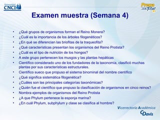 Examen muestra (Semana 4)

•   ¿Qué grupos de organismos forman el Reino Monera?
•   ¿Cuál es la importancia de los árboles filogenéticos?
•   ¿En qué se diferencian las briofitas de la traqueofita?
•   ¿Qué características presentan los organismos del Reino Protista?
•   ¿Cuál es el tipo de nutrición de los hongos?
•   A este grupo pertenecen los musgos y las plantas hepáticas
•   Científico considerado uno de los fundadores de la taxonomía, clasificó muchas
    plantas por sus características estructurales.
•   Científico sueco que propuso el sistema binominal del nombre científico
•   ¿Qué significa sistemática filogenética?
•   ¿Cuáles son las principales categorías taxonómicas?
•   ¿Quién fue el científico que propuso la clasificación de organismos en cinco reinos?
•   Nombra ejemplos de organismos del Reino Protista
•   ¿A que Phylum pertenece la esponja marina?
•   ¿En cuál Phylum, subphylum y clase se clasifica al hombre?
 