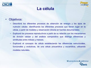 La célula

• Objetivos:
   – Describirá los diferentes procesos de obtención de energía y los tipos de
      nutrición celular, identificando los diferentes procesos que tienen lugar en la
      célula, a partir de modelos y observación directa en fuentes documentales.
   – Explicará los procesos reproductivos a partir de su relación con los mecanismos
      de división celular y del análisis comparativo que distinga diferencias y
      similitudes entre mitosis y meiosis.
   – Explicará el concepto de célula estableciendo las diferencias estructurales,
      funcionales y evolutivas, de una célula procariótica y eucariótica, utilizando
      modelos naturales.
 