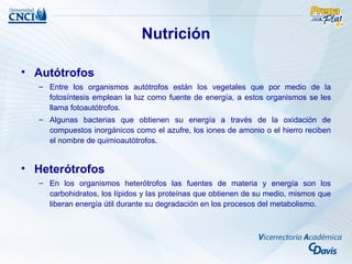 Nutrición

• Autótrofos
  – Entre los organismos autótrofos están los vegetales que por medio de la
    fotosíntesis emplean la luz como fuente de energía, a estos organismos se les
    llama fotoautótrofos.
  – Algunas bacterias que obtienen su energía a través de la oxidación de
    compuestos inorgánicos como el azufre, los iones de amonio o el hierro reciben
    el nombre de quimioautótrofos.


• Heterótrofos
  – En los organismos heterótrofos las fuentes de materia y energía son los
    carbohidratos, los lípidos y las proteínas que obtienen de su medio, mismos que
    liberan energía útil durante su degradación en los procesos del metabolismo.
 