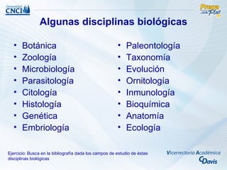 Algunas disciplinas biológicas

  •    Botánica                                        •    Paleontología
  •    Zoología                                        •    Taxonomía
  •    Microbiología                                   •    Evolución
  •    Parasitología                                   •    Ornitología
  •    Citología                                       •    Inmunología
  •    Histología                                      •    Bioquímica
  •    Genética                                        •    Anatomía
  •    Embriología                                     •    Ecología

Ejercicio: Busca en la bibliografía dada los campos de estudio de éstas
disciplinas biológicas
 