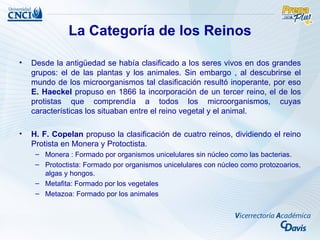 La Categoría de los Reinos

•   Desde la antigüedad se había clasificado a los seres vivos en dos grandes
    grupos: el de las plantas y los animales. Sin embargo , al descubrirse el
    mundo de los microorganismos tal clasificación resultó inoperante, por eso
    E. Haeckel propuso en 1866 la incorporación de un tercer reino, el de los
    protistas que comprendía a todos los microorganismos, cuyas
    características los situaban entre el reino vegetal y el animal.

•   H. F. Copelan propuso la clasificación de cuatro reinos, dividiendo el reino
    Protista en Monera y Protoctista.
     – Monera : Formado por organismos unicelulares sin núcleo como las bacterias.
     – Protoctista: Formado por organismos unicelulares con núcleo como protozoarios,
       algas y hongos.
     – Metafita: Formado por los vegetales
     – Metazoa: Formado por los animales
 