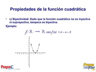 Propiedades de la función cuadrática
• c) Biyectividad: Dado que la función cuadrática no es inyectiva
ni suprayectiva, tampoco es biyectiva.
Ejemplo:
f: R R, con f (x) = x2
– x – 2
 
