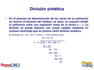 División sintética
• En el proceso de determinación de las raíces de un polinomio
se recurre al teorema del residuo; es decir, se requiere dividir
el polinomio entre una expresión lineal de la forma x – r. La
división se puede efectuar con mayor rapidez mediante un
proceso abreviado que se conoce como división sintética.
Si dividimos 3x3
– 4x2
– 9x + 7 entre x – 3 en la forma usual
3x2
+ 5x + 6
x – 3 ) 3x3
– 4x2
– 9x + 7
3x3
– 9x2
5x2
– 15x
5x2
– 15x
6x + 7
6x – 18
25
 