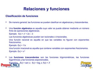 Relaciones y funciones
Clasificación de funciones
 De manera general, las funciones se pueden clasificar en algebraicas y trascendentes.
 Una función algebraica es aquella cuyo valor se puede obtener mediante un número
finito de operaciones algebraicas.
Ejemplo: f(x) = x2
+ 2x – 3
Las funciones algebraicas pueden ser racionales o irracionales.
Una función racional es aquella en que las variables no figuran con exponentes
fraccionarios.
Ejemplo: f(x) = 1/x
Una función irracional es aquella que contiene variables con exponentes fraccionarios.
Ejemplo: f(x) = x1/2
 Las funciones trascendentes son las funciones trigonométricas, las funciones
logarítmicas y las funciones exponenciales.
Ejemplos: f(x) = sen x; f(x) = log2 x; f(x) = 3x
 