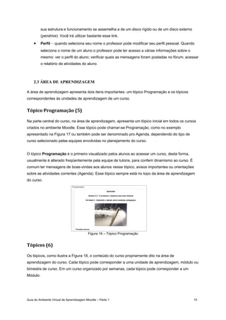 Guia do Ambiente Virtual de Aprendizagem Moodle – Parte 1 15
sua estrutura e funcionamento se assemelha a de um disco rígido ou de um disco externo
(pendrive). Você irá utilizar bastante esse link.
• Perfil – quando seleciona seu nome o professor pode modificar seu perfil pessoal. Quando
seleciona o nome de um aluno o professor pode ter acesso a várias informações sobre o
mesmo: ver o perfil do aluno; verificar quais as mensagens foram postadas no fórum; acessar
o relatório de atividades do aluno.
2.3 ÁREA DE APRENDIZAGEM
A área de aprendizagem apresenta dois itens importantes: um tópico Programação e os tópicos
correspondentes às unidades de aprendizagem de um curso.
Tópico Programação (5) 
Na parte central do curso, na área de aprendizagem, apresenta um tópico inicial em todos os cursos
criados no ambiente Moodle. Esse tópico pode chamar-se Programação, como no exemplo
apresentado na Figura 17 ou também pode ser denominado pro Agenda, dependendo do tipo de
curso selecionado pelas equipes envolvidas no planejamento do curso.
O tópico Programação é o primeiro visualizado pelos alunos ao acessar um curso, desta forma,
usualmente é alterado freqüentemente pela equipe de tutoria, para conferir dinamismo ao curso. É
comum ter mensagens de boas-vindas aos alunos nesse tópico, avisos importantes ou orientações
sobre as atividades correntes (Agenda). Esse tópico sempre está no topo da área de aprendizagem
do curso.
Figura 16 – Tópico Programação
Tópicos (6) 
Os tópicos, como ilustra a Figura 18, o conteúdo do curso propriamente dito na área de
aprendizagem do curso. Cada tópico pode corresponder a uma unidade de aprendizagem, módulo ou
bimestre de curso. Em um curso organizado por semanas, cada tópico pode corresponder a um
Módulo.
 