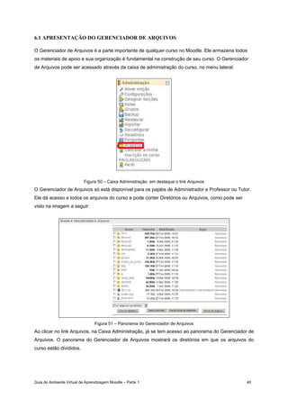 Guia do Ambiente Virtual de Aprendizagem Moodle – Parte 1 40
6.1 APRESENTAÇÃO DO GERENCIADOR DE ARQUIVOS
O Gerenciador de Arquivos é a parte importante de qualquer curso no Moodle. Ele armazena todos
os materiais de apoio e sua organização é fundamental na construção de seu curso. O Gerenciador
de Arquivos pode ser acessado através da caixa de administração do curso, no menu lateral.
Figura 50 – Caixa Administração, em destaque o link Arquivos
O Gerenciador de Arquivos só está disponível para os papéis de Administrador e Professor ou Tutor.
Ele dá acesso a todos os arquivos do curso e pode conter Diretórios ou Arquivos, como pode ser
visto na imagem a seguir:
Figura 51 – Panorama do Gerenciador de Arquivos
Ao clicar no link Arquivos, na Caixa Administração, já se tem acesso ao panorama do Gerenciador de
Arquivos. O panorama do Gerenciador de Arquivos mostrará os diretórios em que os arquivos do
curso estão divididos.
 