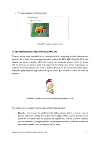 Guia do Ambiente Virtual de Aprendizagem Moodle – Parte 1 47
• A imagem aparecerá na Página Inicial:
Figura 67 – Imagem na Página Inicial
6.7 RECOMENDAÇÕES SOBRE O USO DE IMAGENS
É preciso lembrar que é necessário ter um cuidado especial ao acrescentar arquivos de imagens no
seu curso. Os formatos mais comuns de arquivos de imagem são .GIF e .JPG. O formato .GIF é mais
utilizado para ícones, enquanto o .JPG, para imagens mais complexas, tais como fotos. Um tipo de
.GIF é o animado, que funciona como uma imagem em movimento. Esse tipo de imagem pode ser
usada em momentos especiais, tais como na abertura de um curso ou em uma data comemorativa.
Entretanto, pode aparecer bloqueado para alguns alunos que acessam o curso em redes de
empresas.
Figura 68 – Exemplo de .GIF animado usado na abertura de um curso
Para utilizar melhor sua pasta Imagens, esteja atento a algumas regras:
• Tamanho: uma imagem de grande tamanho pode prejudicar todo o seu curso. Imagens
grandes prejudicam o tempo de carregamento da página. Utilize imagens grandes apenas
quando for necessário e opte por colocá-las em páginas web, para que os alunos cliquem e
possam acessá-las. As imagens grandes são geralmente utilizadas quando há necessidade
de visualizar detalhes, como, por exemplo, em um mapa.
 