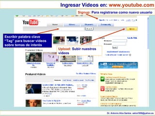 Escribir palabra clave “Tag” para buscar vídeos sobre temas de interés  Dr. Antonio Alva Santos  [email_address] Ingresar Vídeos en:  www.youtube.com Signup:  Para registrarse como nuevo usuario Upload:  Subir nuestros vídeos 