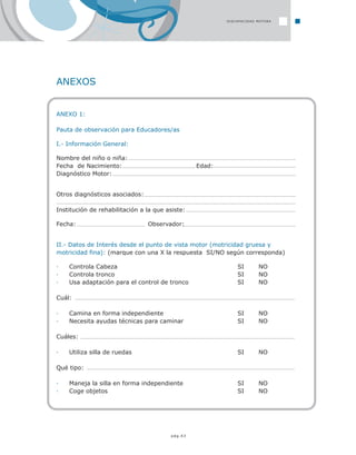 pág.43
ANEXOS
ANEXO 1:
Pauta de observación para Educadores/as
I.- Información General:
Nombre del niño o niña:
Fecha de Nacimiento: Edad:
Diagnóstico Motor:
Otros diagnósticos asociados:
Institución de rehabilitación a la que asiste:
Fecha: Observador:
II.- Datos de Interés desde el punto de vista motor (motricidad gruesa y
motricidad fina): (marque con una X la respuesta SI/NO según corresponda)
· Controla Cabeza SI NO
· Controla tronco SI NO
· Usa adaptación para el control de tronco SI NO
Cuál:
· Camina en forma independiente SI NO
· Necesita ayudas técnicas para caminar SI NO
Cuáles:
· Utiliza silla de ruedas SI NO
Qué tipo:
· Maneja la silla en forma independiente SI NO
· Coge objetos SI NO
DISCAPACIDAD MOTORA
 
