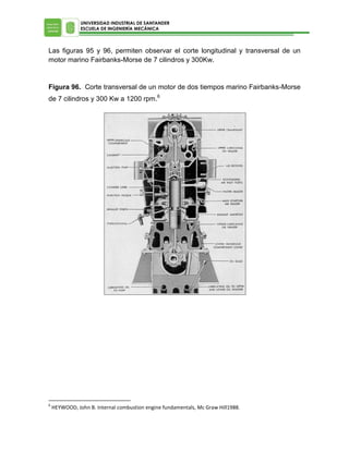 UNIVERSIDAD INDUSTRIAL DE SANTANDER
ESCUELA DE INGENIERÍA MECÁNICA

Las figuras 95 y 96, permiten observar el corte longitudinal y transversal de un
motor marino Fairbanks-Morse de 7 cilindros y 300Kw.

Figura 96. Corte transversal de un motor de dos tiempos marino Fairbanks-Morse
de 7 cilindros y 300 Kw a 1200 rpm.6

6

HEYWOOD, John B. Internal combustion engine fundamentals, Mc Graw Hill1988.

 