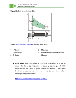 UNIVERSIDAD INDUSTRIAL DE SANTANDER
ESCUELA DE INGENIERÍA MECÁNICA

Figura 22. Ciclo termodinámico Otto.

Fuente: http://tinyurl.com/3cb94d3. Editada por el autor.

0 - 1 Admisión

3 – 4 Potencia

1 – 2 Compresión

4 – 1 Apertura de la válvula de escape

2 – 3 Chispa

1 – 0 Escape



Ciclo Diesel: Ciclo de motores de ignición por compresión en el que se
omite

las fases de renovación de carga y asume que el fluido

termodinámico que trabaja es un gas perfecto. En la figura 23, se observa
los diferentes ciclos de operación para un motor de cuatro tiempos. Para
una mejor comprensión véase:
http://www.youtube.com/watch?v=ci6QP33yCp4

 
