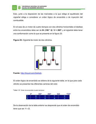 UNIVERSIDAD INDUSTRIAL DE SANTANDER
ESCUELA DE INGENIERÍA MECÁNICA

Esto, junto a la disposición de las manivelas a la que obliga el equilibrado del
cigüeñal obliga a considerar un orden lógico de encendido o de inyección del
combustible.
En el caso de un motor de cuatro tiempos con dos cilindros horizontales el desfase
entre los encendidos debe ser de θ= (180 * 4) / 2 = 360⁰, y el cigüeñal debe tener
una conformación como la que se presenta en la figura 25:
Figura 25. Cigüeñal de motor de dos cilindros.

Fuente: http://tinyurl.com/3ok4xjh.

El orden lógico de encendido se obtiene de la siguiente tabla, en la que para cada
cilindro se presentan las diferentes carreras del ciclo:
Tabla 1.6 Orden de encendido (cuatro tiempos).

De la observación de la tabla anterior se desprende que el orden de encendido
tiene que ser: 1 – 2.

 