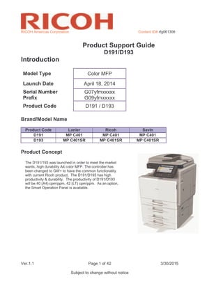 RICOH Americas Corporation Content ID# rfg061308
Ver.1.1 Page 1 of 42 3/30/2015
Subject to change without notice
Product Support Guide
D191/D193
Introduction
Model Type Color MFP
Launch Date April 18, 2014
Serial Number
Prefix
G07yfmxxxxx
G09yfmxxxxx
Product Code D191 / D193
Brand/Model Name
Product Code Lanier Ricoh Savin
D191 MP C401 MP C401 MP C401
D193 MP C401SR MP C401SR MP C401SR
Product Concept
The D191/193 was launched in order to meet the market
wants, high durability A4 color MFP. The controller has
been changed to GW+ to have the common functionality
with current Ricoh product. The D191/D193 has high
productivity & durability. The productivity of D191/D193
will be 40 (A4) cpm/ppm, 42 (LT) cpm/ppm. As an option,
the Smart Operation Panel is available.
 