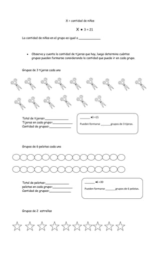 X = cantidad de niños
X ● 3 = 21
La cantidad de niños en el grupo es igual a ____________
Observa y cuenta la cantidad de tijeras que hay, luego determina cuántos
grupos pueden formarse considerando la cantidad que puede ir en cada grupo.
Grupos de 3 tijeras cada uno
Total de tijeras=_____________
Tijeras en cada grupo=___________
Cantidad de grupos=____________
Grupos de 6 pelotas cada uno
Total de pelotas=_____________
pelotas en cada grupo=___________
Cantidad de grupos=____________
Grupos de 2 estrellas
_______ ●3 =15
Pueden formarse _______grupos de 3 tijeras.
_______ ●6 =30
Pueden formarse _______grupos de 6 pelotas.
 