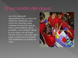    Los niños del jardín
    representaron en un plancha
    utilizando artefactos tales
    como los crayones, para
    colorear el recorrido que se
    hace, para obtener agua
    potable y la cual ellos utilizan
    en sus casas y en el hogar
    infantil. Para lo cual se les dejo
    jugar a imitar las actividades
    que realizaban sus padres en
    casa.
 
