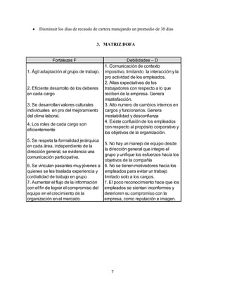 Disminuir los días de recaudo de cartera manejando un promedio de 30 días


                                     3. MATRIZ DOFA


             Fortalezas F                             Debilidades – D
                                          1. Comunicación de contexto
1. Ágil adaptación al grupo de trabajo.   impositivo, limitando la interacción y la
                                          pro actividad de los empleados.
                                          2. Altas expectativas de los
2. Eficiente desarrollo de los deberes    trabajadores con respecto a lo que
en cada cargo                             reciben de la empresa. Genera
                                          insatisfacción.
3. Se desarrollan valores culturales      3. Alto numero de cambios internos en
individuales en pro del mejoramiento      cargos y funcionarios. Genera
del clima laboral.                        inestabilidad y desconfianza
                                          4. Existe confusión de los empleados
4. Los roles de cada cargo son
                                          con respecto al propósito corporativo y
eficientemente
                                          los objetivos de la organización.
5. Se respeta la formalidad jerárquica
                                       5. No hay un manejo de equipo desde
en cada área, independiente de la
                                       la dirección general que integre el
dirección general, se evidencia una
                                       grupo y unifique los esfuerzos hacia los
comunicación participativa.
                                       objetivos de la compañía
6. Se vinculan pasantes muy jóvenes a 6. No se tienen motivadores hacia los
quienes se les traslada experiencia y  empleados para evitar un trabajo
cordialidad de trabajo en grupo        limitado solo a los cargos.
7. Aumentar el flujo de la información 7. El poco reconocimiento hace que los
con el fin de lograr el compromiso del empleados se sientan inconformes y
equipo en el crecimiento de la         deterioren su compromiso con la
organización en el mercado             empresa, como reputación e imagen.




                                             7
 