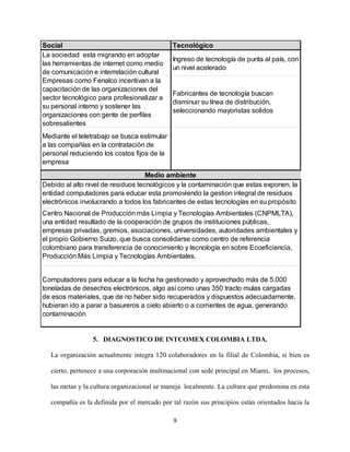 Social                                       Tecnológico
La sociedad esta migrando en adoptar
                                             Ingreso de tecnología de punta al país, con
las herramientas de internet como medio
                                             un nivel acelerado
de comunicación e interrelación cultural
Empresas como Fenalco incentivan a la
capacitación de las organizaciones del
                                             Fabricantes de tecnología buscan
sector tecnológico para profesionalizar a
                                             disminuir su línea de distribución,
su personal interno y sostener las
                                             seleccionando mayoristas solidos
organizaciones con gente de perfiles
sobresalientes
Mediante el teletrabajo se busca estimular
a las compañías en la contratación de
personal reduciendo los costos fijos de la
empresa
                                    Medio ambiente
Debido al alto nivel de residuos tecnológicos y la contaminación que estas exponen, la
entidad computadores para educar esta promoviendo la gestion integral de residuos
electrónicos involucrando a todos los fabricantes de estas tecnologías en su propósito
Centro Nacional de Producción más Limpia y Tecnologías Ambientales (CNPMLTA),
una entidad resultado de la cooperación de grupos de instituciones públicas,
empresas privadas, gremios, asociaciones, universidades, autoridades ambientales y
el propio Gobierno Suizo, que busca consolidarse como centro de referencia
colombiano para transferencia de conocimiento y tecnología en sobre Ecoeficiencia,
Producción Más Limpia y Tecnologías Ambientales.


Computadores para educar a la fecha ha gestionado y aprovechado más de 5.000
toneladas de desechos electrónicos, algo así como unas 350 tracto mulas cargadas
de esos materiales, que de no haber sido recuperados y dispuestos adecuadamente,
hubieran ido a parar a basureros a cielo abierto o a corrientes de agua, generando
contaminación


                 5. DIAGNOSTICO DE INTCOMEX COLOMBIA LTDA.

  La organización actualmente integra 120 colaboradores en la filial de Colombia, si bien es

  cierto, pertenece a una corporación multinacional con sede principal en Miami, los procesos,

  las metas y la cultura organizacional se maneja localmente. La cultura que predomina en esta

  compañía es la definida por el mercado por tal razón sus principios están orientados hacia la

                                              9
 