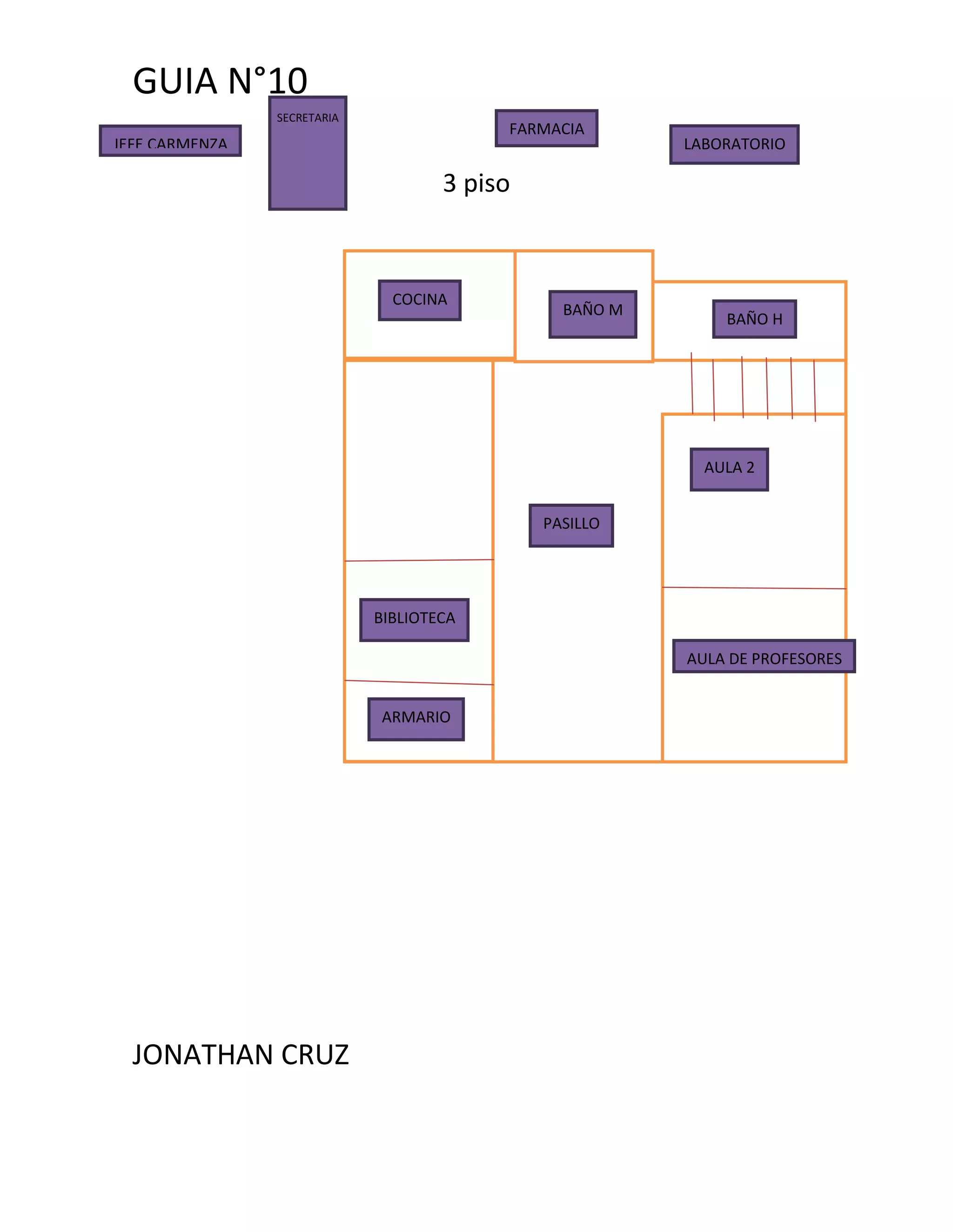 GUIA N°10
                SECRETARIA
                                          FARMACIA
JEFE CARMENZA                                            LABORATORIO

                                     3 piso



                               COCINA
                                                BAÑO M
                                                             BAÑO H




                                                           AULA 2


                                              PASILLO




                             BIBLIOTECA

                                                         AULA DE PROFESORES


                             ARMARIO




  JONATHAN CRUZ
 