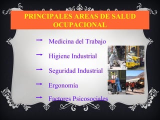 PRINCIPALES AREAS DE SALUD
       OCUPACIONAL

     Medicina del Trabajo

     Higiene Industrial

     Seguridad Industrial

     Ergonomía

     Factores Psicosociales
 