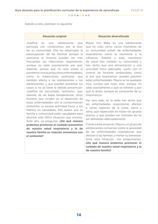 14
CICLO VI
Guía docente para la planificación curricular de la experiencia de aprendizaje
Debido a esto, plantean lo siguiente:
Situación original Situación diversificada
Josefina es una adolescente que
participa con compromiso por el bien
de su comunidad. Ella ha observado la
preocupación de las familias porque al
acercarse el invierno pueden ser más
frecuentes las infecciones respiratorias,
aunque no sabe exactamente por qué.
Además, piensa que no solo existe la
pandemia,sinoquehayotrasenfermedades,
como la tuberculosis pulmonar, que
también afecta a las adolescentes y los
adolescentes, y que pueden aumentar los
casos si no se tiene la debida prevención.
Josefina ha escuchado, asimismo, que,
además de las bajas temperaturas, otros
factores que inciden en el desarrollo de
estas enfermedades son la contaminación
ambiental, la escasa actividad física y los
hábitos no saludables. Ella quiere que su
familia y comunidad estén saludables para
afrontar esta difícil situación que vivimos.
Ante ello, se pregunta: ¿De qué manera
podemos promover el cuidado preventivo
de nuestra salud respiratoria y la de
nuestra familia en relación armoniosa con
el ambiente?
Mayra Inin Beka es una adolescente
que ha visto cómo varios miembros de
su comunidad sufren de enfermedades
respiratorias como la neumonía o la
influenza. Debido a esto, monitores
de salud han visitado su comunidad y
han dicho que una alimentación y una
actividad física adecuada –junto con el
control de factores ambientales como
el aire que respiramos– pueden prevenir
estas enfermedades. Mayra se ha quedado
muy curiosa por todo esto, porque no
sabe exactamente a qué se refieren y por
qué lo dicen, aunque es consciente de su
importancia.
Por otro lado, en la radio han dicho que
las enfermedades respiratorias afectan
a varias regiones de la costa, sierra y
selva, que repercuten en todos los grupos
etarios, y que pueden ser mortales de no
ser atendidas adecuadamente.
Frente a esta situación, Mayra y un grupo de
adolescentes conversan sobre la gravedad
de las enfermedades respiratorias que
afectan a las familias y mellan su bienestar.
Ante esta situación, nos preguntamos:
¿De qué manera podemos promover el
cuidado de nuestra salud respiratoria y la
de nuestra familia?
 
