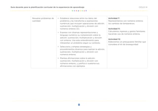 8
CICLO VI
Guía docente para la planificación curricular de la experiencia de aprendizaje
Resuelve problemas de
cantidad.
•	 Establece relaciones entre los datos del
problema y las transforma a expresiones
numéricas que incluyen operaciones de adición,
sustracción, multiplicación y división con
números enteros (Z).
•	 Expresa con diversas representaciones y
lenguaje numérico su comprensión sobre la
adición, sustracción, multiplicación y división
con enteros. Usa este entendimiento para
interpretar un problema según su contexto.
•	 Selecciona y emplea estrategias y
procedimientos diversos para realizar la adición,
sustracción, multiplicación y división con
números enteros.
•	 Plantea afirmaciones sobre la adición,
sustracción, multiplicación y división con
números enteros, y justifica o sustenta sus
afirmaciones con ejemplos.
Actividad 7:
Representamos con números enteros
los cambios de temperatura.
Actividad 11:
Calculamos ingresos y gastos familiares
haciendo uso de números enteros.
Actividad 12:
Elaboramos un presupuesto familiar que
considere el kit de bioseguridad.
 