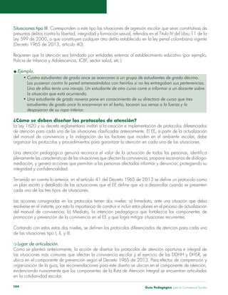 Guía Pedagógica para la Convivencia Escolar104
Situaciones tipo III. Corresponden a este tipo las situaciones de agresión escolar que sean constitutivas de
presuntos delitos contra la libertad, integridad y formación sexual, referidos en el Título IV del Libro 11 de la
Ley 599 de 2000, o que constituyen cualquier otro delito establecido en la ley penal colombiana vigente
(Decreto 1965 de 2013, artículo 40).
Requieren que la atención sea brindada por entidades externas al establecimiento educativo (por ejemplo,
Policía de Infancia y Adolescencia, ICBF, sector salud, etc.).
u Ejemplo.
• Cuatro estudiantes de grado once se acercaron a un grupo de estudiantes de grado décimo.
Los pusieron contra la pared amenazándolos con herirlos si no les entregaban sus pertenencias.
Uno de ellos tenía una navaja. Un estudiante de otro curso corre a informar a un docente sobre
la situación que está ocurriendo.
• Una estudiante de grado noveno pone en conocimiento de su directora de curso que tres
   estudiantes de grado once la encerraron en el baño, tocaron sus senos a la fuerza y la
despojaron de su ropa interior.
¿Cómo se deben diseñar los protocolos de atención?
La Ley 1620 y su decreto reglamentario invitan a la creación e implementación de protocolos diferenciados
de atención para cada una de las situaciones clasificadas anteriormente. El EE, a partir de la actualización
del manual de convivencia y la indagación de los factores que inciden en el ambiente escolar, debe
organizar los protocolos y procedimientos para garantizar la atención en cada una de las situaciones.
Una atención pedagógica genuina reconoce el valor de la actuación de todas las personas, identifica
plenamente las características de las situaciones que afectan la convivencia, propone escenarios de diálogo-
mediación, y genera acciones que permitan a las personas afectadas informar y denunciar; protegiendo su
integridad y confidencialidad.
Teniendo en cuenta lo anterior, en el artículo 41 del Decreto 1965 de 2013 se define un protocolo como
un plan escrito y detallado de las actuaciones que el EE define que va a desarrollar cuando se presenten
cada uno de los tres tipos de situaciones.
Las acciones consignadas en los protocolos tienen dos niveles: a) Inmediato, ante una situación que deba
resolverse en el instante, por esto la importancia de construir e incluir estos planes en el proceso de actualización
del manual de convivencia; b) Mediato, la intención pedagógica que fortalezca los componentes de
promoción y prevención de la convivencia en el EE y que logra mitigar situaciones recurrentes.
Contando con estos estos dos niveles, se definen los protocolos diferenciados de atención para cada una
de las situaciones tipo I, II, y III.
m Lugar de articulación.
Como se planteó anteriormente, la acción de diseñar los protocolos de atención oportuna e integral de
las situaciones más comunes que afectan la convivencia escolar y el ejercicio de los DDHH y DHSR, se
ubica en el componente de prevención según el Decreto 1965 de 2013. Para efectos de comprensión y
organización de la guía, las recomendaciones para este diseño se ubican en el componente de atención,
evidenciando nuevamente que los componentes de la Ruta de Atención Integral se encuentran articulados
en la cotidianidad escolar.
 