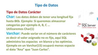 Tipo de Datos
Tipo de Datos Carácter
Char: Los datos deben de tener una longitud fija
hasta 8Kb. Ejemplo: Si queremos almacenar
categorías por ejemplo A, B, C …
Utilizaremos Char(1)
Varchar: Puede variar en el número de carácteres,
es decir el valor asignado no es fijo, aquí SQL
administra los espacios en blanco y los optimiza.
Ejemplo en un Varchar(15) ocupará menos espacio
el dato “Ana” que “Juan Carlos”.
 
