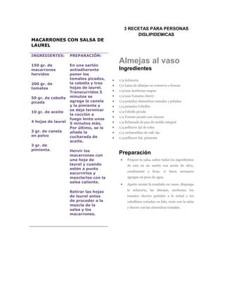 3 RECETAS PARA PERSONAS
                                                DISLIPIDEMICAS
MACARRONES CON SALSA DE
LAUREL

INGREDIENTES:       PREPARACIÓN:

150 gr. de          En una sartén
                                        Almejas al vaso
macarrones          antiadherente       Ingredientes
hervidos            poner los
                    tomates picados,    1/4 Achicoria
200 gr. de          la cebolla y tres
                                        1/2 Latas de almejas en conserva o frescas
tomates             hojas de laurel.
                    Transcurridos 5     1/4 taza Aceitunas negras
                    minutos se          1/4 taza Tomates cherry
50 gr. de cebolla
picada              agrega la canela    1/4 puñados Almendras tostadas y peladas
                    y la pimienta y     1/4 puñados Cebollín
                    se deja terminar
10 gr. de aceite                        1/4 Cebolla picada
                    la cocción a
                                        1/4 Tomate picado con cáscara
                    fuego lento unos
4 hojas de laurel   5 minutos más.      1/4 Rebanada de pan de molde integral
                    Por último, se le   1/4 pellizcos Ají de color
3 gr. de canela     añade la            1/4 cucharaditas de café Ajo
en polvo            cucharada de        1/4 pellizcos Sal, pimienta
                    aceite.
3 gr. de
pimienta.           Hervir los
                    macarrones con
                                        Preparación
                    una hoja de               Prepare la salsa, saltee todos los ingredientes
                    laurel y cuando           de esta en un sartén con aceite de oliva,
                    estén a punto
                                              condimente y licue, si fuera necesario
                    escurrirlos y
                    mezclarlos con la         agregue un poco de agua.
                    salsa caliente.
                                              Aparte monte la ensalada en vasos, disponga
                                              la achicoria, las almejas, aceitunas, los
                    Retirar las hojas
                    de laurel antes           tomates cherrys partidos a la mitad y los
                    de proceder a la          cebollines cortados en hilo, rocíe con la salsa
                    mezcla de la
                                              y decore con las almendras tostadas.
                    salsa y los
                    macarrones.
 