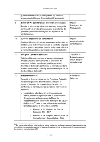 Guía Nacional BIM
– 145 –
y solicitar la certificación presupuestal y/o previsión
presupuestal al Órgano Encargado del Presupuesto.
9 Emitir CCP o constancia de previsión presupuestal
Revisar la información alcanzada y emitir y entregar la
certificación de crédito presupuestario o constancia de
previsión presupuestal al Órgano encargado de las
contrataciones.
Órgano
Encargado del
Presupuesto
10 Aprobar expediente de contratación
Verificar si los requerimientos se encuentran incluidos en
el Plan Anual de Contrataciones de la entidad o empresa
pública, y de corresponder, tramitar su inclusión. Generar
y tramitar la aprobación del expediente de contratación.
Órgano
encargado de las
contrataciones
11 Designar Comité de selección
Solicitar al Órgano que asume las competencias de
Unidad Ejecutora de Inversiones, la propuesta de
miembros titulares y suplentes que integrarán los
Comités de Selección, conforme a la normatividad de la
materia, revisar la propuesta y aprobar la designación de
los Comités de Selección.
Titular de la
Entidad u órgano
al que delegue
dicha facultad.
12 Elaborar las bases
Suscribir el Acta de instalación del Comité de Selección,
revisar el expediente de contratación, elaborar el
proyecto de bases del procedimiento de selección,
conforme a la normatividad de la materia, incluyendo lo
siguiente:
● Los postores adjuntarán en su presentación de
ofertas, el Plan de Ejecución BIM, la Evaluación de
Competencias y Capacidades, la Matriz de
Responsabilidades y el Cuadro de riesgos del Equipo
de Ejecución50
, para lo cual, utilizarán los siguientes
formatos adjuntos al presente documento:
o Formato N° 05: Registro del Plan de
Ejecución BIM – BEP.
o Formato N° 06: Registro de Evaluación de
Competencias y Capacidades – CCA.
Comités de
Selección
50
De manera transitoria, este punto no aplica hasta que se hayan regulado las adecuaciones
normativas correspondientes que fortalezcan la evaluación de la documentación presentada por
los postores en materia de BIM.
 