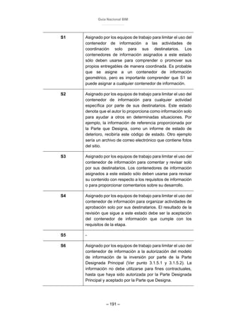 Guía Nacional BIM
– 191 –
S1 Asignado por los equipos de trabajo para limitar el uso del
contenedor de información a las actividades de
coordinación solo para sus destinatarios. Los
contenedores de información asignados a este estado
sólo deben usarse para comprender o promover sus
propios entregables de manera coordinada. Es probable
que se asigne a un contenedor de información
geométrico, pero es importante comprender que S1 se
puede asignar a cualquier contenedor de información.
S2 Asignado por los equipos de trabajo para limitar el uso del
contenedor de información para cualquier actividad
específica por parte de sus destinatarios. Este estado
denota que el autor lo proporciona como información solo
para ayudar a otros en determinadas situaciones. Por
ejemplo, la información de referencia proporcionada por
la Parte que Designa, como un informe de estado de
deterioro, recibiría este código de estado. Otro ejemplo
sería un archivo de correo electrónico que contiene fotos
del sitio.
S3 Asignado por los equipos de trabajo para limitar el uso del
contenedor de información para comentar y revisar solo
por sus destinatarios. Los contenedores de información
asignados a este estado sólo deben usarse para revisar
su contenido con respecto a los requisitos de información
o para proporcionar comentarios sobre su desarrollo.
S4 Asignado por los equipos de trabajo para limitar el uso del
contenedor de información para organizar actividades de
aprobación solo por sus destinatarios. El resultado de la
revisión que sigue a este estado debe ser la aceptación
del contenedor de información que cumple con los
requisitos de la etapa.
S5 -
S6 Asignado por los equipos de trabajo para limitar el uso del
contenedor de información a la autorización del modelo
de información de la inversión por parte de la Parte
Designada Principal (Ver punto 3.1.5.1 y 3.1.5.2). La
información no debe utilizarse para fines contractuales,
hasta que haya sido autorizada por la Parte Designada
Principal y aceptado por la Parte que Designa.
 