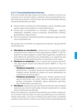 44 GUIA NACIONAL DE COLETA E PRESERVAÇÃO DE AMOSTRAS
variabilidade da qualidade. Requer-se uma maior frequência de aná-
lise dos parâmetros microbiológicos do que dos físico-químicos, isso
porque episódios curtos de contaminação microbiológica podem levar
facilmente a surtos de doenças gastrointestinais nos consumidores,
enquanto episódios de contaminação química, que poderiam constituir
um risco agudo à saúde, são raros (WHO, 2011).
No Capítulo 7 encontram-se detalhes sobre os procedimentos para o pla-
nejamento e execução de amostragem de águas de consumo humano.
2.1.5.3 6HGLPHQWR
A seleção dos pontos de coleta de sedimento deve considerar, além
do objetivo do estudo, os tipos de ambiente, os locais de lançamento
da carga de poluentes e os padrões de vazão, velocidade e sentido da
corrente. Muitos estudos de sedimento aplicam a abordagem que uti-
liza um ponto ou condições de referência dentro de uma determinada
região ou bacia hidrográfica. O ponto de referência corresponde a um
ambiente livre da ação antrópica ou o menos impactado dentro da área
de estudo. É fundamental que as características físicas, geológicas e
hidrológicas, entre os pontos a serem comparados sejam compatíveis.
Assim, dados como granulometria, teor de matéria orgânica e umida-
de do sedimento, tipo e grau de preservação da cobertura vegetal da
margem, tipo de hábitat amostrado e ordem do rio devem ser similares
entre o ponto de referência e os pontos a serem diagnosticados. São
definidas as condições consideradas ideais, estabelecendo-se valor ou
faixa de valor, para cada parâmetro, que seria esperado em um ambien-
te preservado.
Qualquer que seja o tipo de ambiente amostrado (rios, lagos, reserva-
tórios, estuários e oceanos), a coleta para avaliação da qualidade de se-
dimentos (biológica, física e química) geralmente ocorre nas áreas de
deposição de sedimentos finos (argila), já que normalmente são nesses
locais que os contaminantes são retidos e a comunidade bentônica é
mais desenvolvida. Em lagos, reservatórios e estuários o acúmulo de
partículas finas ocorre na região mais profunda; em rios, nas margens
deposicionais e nas áreas de remansos. A margem deposicional locali-
za-se no lado oposto ao da erosional, apresentando declive mais suave
e, muitas vezes, bancos de macrófitas enraizadas. Remansos ocorrem
em trechos meândricos e pantanosos.
 