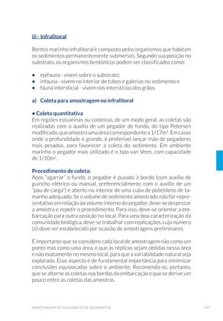 52 GUIA NACIONAL DE COLETA E PRESERVAÇÃO DE AMOSTRAS
Cinzas e fumaça de cigarro podem contaminar as amostras com
metais pesados e fosfatos, entre outras substâncias. É importante,
portanto, que os técnicos responsáveis pela coleta de amostras não
fumem durante a coleta e utilizem uniformes e EPI adequados para
cada tipo de amostragem (avental, luva cirúrgica ou de borracha
de látex, óculos de proteção, entre outros), sempre observando e
obedecendo às orientações de cada local ou ambiente onde será
realizada a amostragem;
á Fazer a ambientação dos equipamentos de coleta com água do pró-
prio local, se necessário;
á Garantirqueasamostraslíquidasnãocontenhampartículasgrandes,
detritos, folhas ou outro tipo de material acidental durante a coleta;
á ROHWDU XP YROXPH VX÷FLHQWH GH DPRVWUD SDUD HYHQWXDO QHFHVVLGD-
de de se repetir algum ensaio no laboratório;
á Fazer todas as determinações de campo em alíquotas de amos-
tra separadas das que serão enviadas ao laboratório, evitando-se
assim o risco de contaminação;
á Colocar as amostras ao abrigo da luz solar, imediatamente após a
coleta e preservação;
á Acondicionar em caixas térmicas com gelo as amostras que exigem
refrigeração para sua preservação (observar que as amostras para
ensaio de Oxigênio Dissolvido não devem ser mantidas sob refri-
geração);
á Manter registro de todas as informações de campo, preenchendo
XPD ÷FKD GH FROHWD SRU DPRVWUD RX FRQMXQWR GH DPRVWUDV GD PHV-
ma característica, contendo os seguintes dados:
a) Nome do programa de amostragem e do coordenador, com te-
lefone para contato;
b) Nome dos técnicos responsáveis pela coleta;
c) Número de identificação da amostra;
d) Identificação do ponto de amostragem: código do ponto, ende-
reço, georreferenciamento, etc.
e) Data e hora da coleta;
f) Natureza da amostra (água tratada, nascente, poço freático,
poço profundo, represa, rio, lago, efluente industrial, água sa-
lobra, água salina etc.);
g) Tipo de amostra (simples, composta ou integrada)
h) Medidas de campo (temperatura do ar e da água, pH, condu-
tividade, oxigênio dissolvido, transparência, coloração visual,
vazão, leitura de régua, etc.);
 