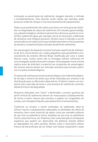 60 GUIA NACIONAL DE COLETA E PRESERVAÇÃO DE AMOSTRAS
Ensaios de fosfatos e fósforo total
1. Imergir os frascos e suas tampas em solução de ácido clorídrico
10%, mantendo-os assim por no mínimo 48 horas;
2. Retirá-los da solução, escoando-os bem;
3. Enxaguá-los com água desmineralizada.
4. 'HL[£ORV VHFDU FRP D ERFD SDUD EDL[R VREUH SDSHO ÷OWUR DEVRUYHQWH
5. 7DPSDU H LGHQWL÷FDU R ORWH TXH ÷FDU£ DJXDUGDQGR R UHVXOWDGR GR
ensaio do branco de lavagem (item 4.1.3. Branco de Frascaria);
6. $UPD]HQDU HP ORFDO HVSHF¯÷FR DSURSULDGR OLYUH GH SRHLUD 