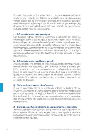 72 GUIA NACIONAL DE COLETA E PRESERVAÇÃO DE AMOSTRAS
3.5.15 6ROX©¥R GH ORUHWR GH £OFLR 'LKLGUDWDGR
(CaCl2
.2H2
O) 1%
á Em um balão volumétrico de 100 mL dissolver 1g de cloreto de
cálcio dihidratado em 100mL de água destilada;
á Homogeneizar até a completa dissolução do sal.
3.5.16 Solução de Corante Rosa-de-bengala 0,1%
á Adicionar 1g do corante em 1L de solução de formol 10% ou etanol
70-95o
GL.
3.5.17 Solução de Detergente Alcalino 0,1 %
á Em balão volumétrico de 1L, adicionar aproximadamente 900mL
de água destilada;
á Acrescentar 1mL do detergente;
á Completar o volume para 1L com água destilada.
3.5.18 Solução de Detergente Enzimático 0,5 %
á Em balão volumétrico de 1L, adicionar aproximadamente 900mL
de água destilada;
á Acrescentar 5mL do detergente;
á Completar o volume de água destilada para 1L.
3.5.19 Solução de EDTA (C10
H16
N2
O8
) 15%
á Em balão volumétrico de 1L, dissolver 150g de EDTA em água
destilada;
á Completar o volume para 1L com água destilada.
3.5.20 Solução de Formol 4%
á Em uma proveta, diluir 1 parte de formol P.A. em 24 partes de água
destilada.
3.5.21 Solução de Formol 5%
á Em uma proveta, diluir 1 parte de formol P.A. em 19 partes de água
destilada.
3.5.22 Solução de Formol 10%
á Em uma proveta, diluir 1 parte de formol P.A. em 9 partes de água
destilada.
 