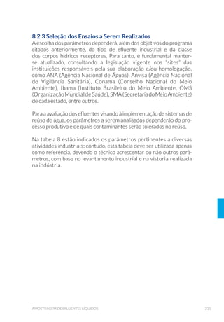 79CONTROLE DE QUALIDADE NA AMOSTRAGEM
4.4 Incerteza da Amostragem
O termo “incerteza da amostragem” é usado para expressar as variabi-
lidades temporal, espacial e inerente da amostra coletada. Para o cálcu-
lo de incerteza de amostragem, uma das metodologias aplicadas é a pu-
blicada pelo EURACHEM em 2007, a qual é baseada na replicação dos
procedimentos de amostragem ou partes deles (réplica de amostras),
conforme mostra a Figura 8. Esse método é o mais adequado para fins
ambientais, pois considera que os analitos investigados podem variar
em função do tempo e do espaço.
PONTO DE COLETA
ANÁLISE 1
AMOSTRA 1 AMOSTRA 2
ANÁLISE 2 ANÁLISE 3 ANÁLISE 4
á Cálculo da incerteza
A incerteza é obtida por meio do desvio padrão relativo (RSD), que é
calculado pela diferença relativa entre as duplicatas de cada etapa do
esquema proposto na Figura 8 (NORWAY, 2007, p. 18-19).
Cada duplicata produz os resultados xi1
e xi2
.
O valor absoluto Di
(da diferença entre cada duplicata é calculado para
cada etapa:
Di
= | xi1
–xi2
| Equação 1
Figura 8. Esquema de replicata para cálculo de incerteza da amostragem.
 