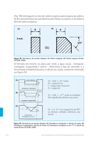 Flutuadores constituem uma opção, dentre os substratos artificiais uti-
lizados para o estudo e coleta de perifíton. Os flutuadores desenvolvi-
dos pela CETESB (Fig. 39) são retangulares, confeccionados com dois
tubos de PVC e comportam lâminas de vidro usadas em microscopia
comum, que são presas em encaixes existentes nas placas laterais de
acrílico. Em uma das extremidades de cada tubo de PVC, há um orifício
que permite amarrar uma corda de náilon e prender o flutuador em um
ponto fixo da margem, como uma árvore, por exemplo (Fig. 40).
A localização dos flutuadores deve ser registrada em um croqui ou
registro fotográfico do local de coleta, anotando-se pontos de
referência e coordenadas geográficas para facilitar o resgate dos
mesmos. É aconselhável a instalação dos flutuadores em locais
pouco frequentados e protegidos, para evitar a perda pelo manuseio
por estranhos e/ou roubo.
Existem flutuadores de diferentes modelos, como aqueles com tubos
ou placas múltiplas de diferentes materiais (por exemplo madeira,
acrílico) ao invés de lâminas. Perifitômetros podem ser comprados em
algumas lojas especializadas em material e equipamentos para estudos
limnológicos e podem ser usados em reservatórios ou rios/riachos.
Figura 39. 6XEVWUDWR DUWL÷FLDO GR WLSR øXWXDGRU FRP O¤PLQDV GH YLGUR $ 