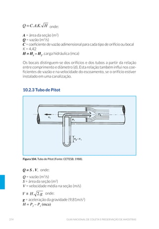 Perifitômetros com escovas são utilizados para coleta de perifíton em
substratos naturais consolidados (rochas) e podem ser usados para co-
leta em rios e riachos rasos, em rochas que não podem ser removidas.
O perifitômetro com escova adaptado pela CETESB (Fig. 41) consiste
em um tubo de acrílico ao qual são acoplados uma escova e uma pêra
de sucção. A escova é presa na parte superior do equipamento por
uma peça de borracha flexível, que permite movimentá-la em todas as
direções por meio de um cabo, externo. Um furo permite a passagem
de uma mangueira de borracha, à qual se prende uma pêra de sucção.
Do outro lado do tubo, uma mangueira mais fina serve para transferên-
cia da amostra do equipamento para o frasco de coleta.
Figura 40. 6XEVWUDWR DUWL÷FLDO GR WLSR øXWXDGRU FRP O¤PLQDV GH YLGUR 'HWDOKH GR ÷R Q£LORQ GH
VXVWHQWD©¥R GR øXWXDGRU )RWR 5LWD HUTXHLUD 5LEHLUR GH 6RX]D(7(6% 