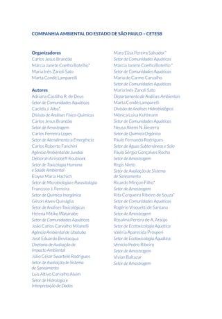 4 GUIA NACIONAL DE COLETA E PRESERVAÇÃO DE AMOSTRAS
Equipe editorial
Supervisão de edição:
Superintendência de Implementação de
Programas e Projetos - SIP/ANA.
Banco Interamericano de
Desenvolvimento - BID.
Companhia Ambiental do Estado de São
Paulo - CETESB.
Elaboração dos originais:
Companhia Ambiental do Estado de São
Paulo - CETESB.
Revisão dos originais:
Companhia Ambiental do Estado de São
Paulo - CETESB.
Superintendência de Implementação de
Programas e Projetos - SIP/ANA.
Produção:
$WKDODLD *U£÷FD H (GLWRUD
3URMHWR JU£÷FR  DSD  'LDJUDPD©¥R
Eduardo Meneses
)RWRJUD÷DV
Banco de imagens da CETESB.
Tiragem:
2.000 exemplares
Todos os direitos reservados.
E permitida a reprodução de dados e de
informações contidos nesta
publicação, desde que citada a fonte.
$7$/2*$‰…2 1$ )217( ('2%,%/,27($
C737g Companhia Ambiental do Estado de São Paulo.
Guia nacional de coleta e preservação de amostras: água, sedimento, comunidades aquáticas
H HøXHQWHV O¯TXLGRV  RPSDQKLD $PELHQWDO GR (VWDGR GH 6¥R 3DXOR 2UJDQL]DGRUHV DUORV -HVXV
%UDQG¥R  HW DO@  6¥R 3DXOR (7(6% %UDV¯OLD $1$ 
326 p.: il.
ISBN –
 ƒJXD 0RQLWRUDPHQWR  ƒJXD ROHWD GH DPRVWUDV  ƒJXD 3UHVHUYD©¥R GH DPRVWUDV
I. Brandão, Carlos Jesus, org. II. Botelho, Marcia Janete Coelho, org. III. Sato, Maria Inês Zanoli, org.
IV. Lamparelli, Marta Condé, org. V. Título
'8  HG 