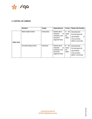 8. CONTROL DE CAMBIOS
Nombre Cargo Dependencia Fecha Razón del Cambio
Maria Adela Farfan Instructora Centro de la 9 de Actualización
formato guía de
aprendizaje e
instrucciones.
GFPI- F-019 V03
industria la mayo
empresa y los de
servicios 2020
regional Huila
Autor (es)
Armando Sapuy Ome Instructor Centro de la 9 de Actualización
formato guía de
aprendizaje e
instrucciones.
GFPI- F-019 V03
industria la mayo
empresa y los de
servicios 2020
regional Huila
GFPI-F-019V03
 