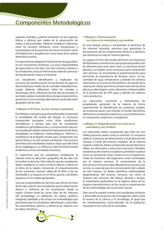 Componentes Metodológicos

                                             especies animales y plantas existentes en las regiones          Bloque 5: (Primera parte)
                                             fóticas y afóticas por medio de la observación de               Los ciclos en la naturaleza y sus cambios
                                             videos y documentales. Deberán establecer relaciones
                                                                                                           En este bloque vamos a comprender la dinámica de
                                             entre los factores climáticos como temperatura y
                                                                                                           los sistemas naturales, procesos que garantizan la
                                             luminosidad con la presencia de micronutrientes como
                                                                                                           permanencia de los componentes bióticos y abióticos
                                             el fitoplancton y zooplancton como base de la cadena
                                                                                                           que favorecen la vida en nuestro planeta.
                                             alimenticia marina.
                                                                                                           Se sugiere el inicio del estudio del tema con el proceso
                                             Es importante la indagación de las fuentes de agua dulce
                                                                                                           de fotosíntesis como función que propicia la producción
                                             en los ecosistemas terrestres y la poca disponibilidad
                                                                                                           de alimento para otros seres vivos. La estructura de las
                                             de agua dulce en las islas. Con este criterios, motiven a
                                                                                                           plantas y sus tejidos serán necesarios para comprender
                                             los estudiantes a buscar información sobre los procesos
                                                                                                           este proceso. Se recomienda la experimentación para
                                             de desalinización casera e industrial.
                                                                                                           demostrar la importancia de factores como la luz,
                                             Los estudiantes identificarán y explicarán los                cantidad de agua, temperatura y dióxido de carbono
                                             procesos de transformación de las fuentes de agua en          intervienen en el proceso fotosintético. El estudio de la
                                                                                                           respiración celular permite la comprensión del uso de la
                                             Luego, deberán reflexionar sobre las ventajas y               glucosa y del oxígeno como elementos indispensables
                                             desventajas de la utilización de este tipo de energía. Es
                                             acertado realizar el estudio de la energía mareomotriz y      como productos.
                                             geotérmica como energías alternativas por la ubicación
                                                                                                           Los educandos conocerán y demostrarán las
                                             geográfica de las islas.
                                                                                                           propiedades generales de la materia de forma
                                                                                                           experimental. Se identificarán las sustancias simples,
                                               Bloque 4: El clima, un aire siempre cambiante
                                                                                                           las sustancias puras y las mezclas, el estudio del átomo,
                                             Este bloque se propone que el estudiantado comprenda          elementos y compuestos químicos, y sus combinaciones
                                             la variabilidad del estado del tiempo. Es necesario           en compuestos orgánicos e inorgánicos.
                                             comprender conceptos como clima, condiciones
                                             atmosféricas y tiempo para que los estudiantes                  Bloque 5: (Segunda parte) Los ciclos en la
                                             establezcan generalizaciones y comprensiones básicas.           naturaleza y sus cambios
                                             Los estudiantes deben realizar la interpretación de datos
                                                                                                           Los educandos deben comprender que todo ser vivo
                                             recopilados en boletines meteorológicos, informes y
                                                                                                           realiza procesos vitales como la nutrición. Es necesario
                                             estadísticas de la Región Insular para comprender por
                                                                                                           explicar el proceso de alimentación y la producción de
                                             qué el clima es un aire siempre cambiante. Este proceso
                                                                                                           energía a través del proceso oxidativo de la materia
                                             permitirá a los estudiantes explicar el por qué del clima
                                             de las Galápagos y su influencia sobre la biodiversidad
                                                                                                           deben ser eliminados a través de la excreción. Modelos
                                                                                                           anatómicos del sistema circulatorio permitirán explicar
                                             Es importante que los estudiantes establezcan la              cómo se transportan estas sustancias en el organismo.
DISTRIBUCIÓN GRATUITA - PROHIBIDA LA VENTA




                                             relación entre la ubicación geográfica de las islas con
                                             la incidencia de la luz. Otra relación que los estudiantes    por el sistema nervioso. El conocimiento de la
                                             deben establecer es cómo incide la altitud o relieve en       estructura y la función especializada de la neurona y los
                                             el clima de la región. Conocerán el comportamiento            nervios es esencial para la concienciación del cuidado
                                             de las corrientes marinas cálida de El Niño y fría de         de este sistema. Se deben identificar enfermedades
                                             Humboldt y su impacto en el clima, para lo cual deben         degenerativas del sistema nervioso, así como el
                                             apoyarse en los mapas apropiados.
                                             Una vez comprendidos los factores que afectan el clima
                                                                                                           órganos reproductores y en las causas y consecuencias
                                             de las islas, oriente a los estudiantes para la observación
                                                                                                           de las enfermedades de transmisión sexual.
                                             directa o indirecta de los ecosistemas desde la
                                                                                                           Para cerrar la unidad, oriente a los estudiantes al diseño
                                                                                                           y desarrollo de proyectos de investigación sobre cómo
                                             imágenes satelitales y de campo son metodologías que          el avance de la ciencia y la tecnología, al igual que
                                             permitirán que los estudiantes identifiquen y describan       las manifestaciones socioculturales de la población
                                             las características bióticas y abióticas en relación con      impactan en los ciclos de la naturaleza.
                                             los datos climáticos.


                                                                    12
 