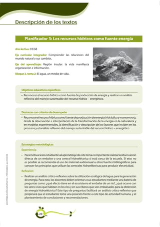 Descripción de los textos


                                                    Planificador 3: Los recursos hídricos como fuente energía

                                             Año lectivo: 9 EGB
                                             Eje curricular integrador: Comprender las relaciones del
                                             mundo natural y sus cambios.
                                             Eje del aprendizaje: Región Insular: la vida manifiesta
                                             organización e información.
                                             Bloque 3, tema 2: El agua, un medio de vida.




                                                  Objetivos educativos especíﬁcos




                                                  Destrezas con criterios de desempeño

                                                    desde la observación e interpretación de la transformación de la energía en la naturaleza y
                                                    en modelos experimentales, la identificación y descripción de los factores que inciden en los




                                                  Estrategias metodológicas
                                                  Experiencia
DISTRIBUCIÓN GRATUITA - PROHIBIDA LA VENTA




                                                    es posible se recomienda el uso de material audiovisual u otras fuentes bibliográficas para

                                                  Reflexión

                                                    de energía. Para esto, los docentes deben orientar a sus estudiantes mediante una batería de
                                                    preguntas como: ¿qué efecto tiene en el ecosistema el embalse de un río?, ¿qué ocurre con



                                                    planteamiento de conclusiones y recomendaciones.




                                                                  20
 